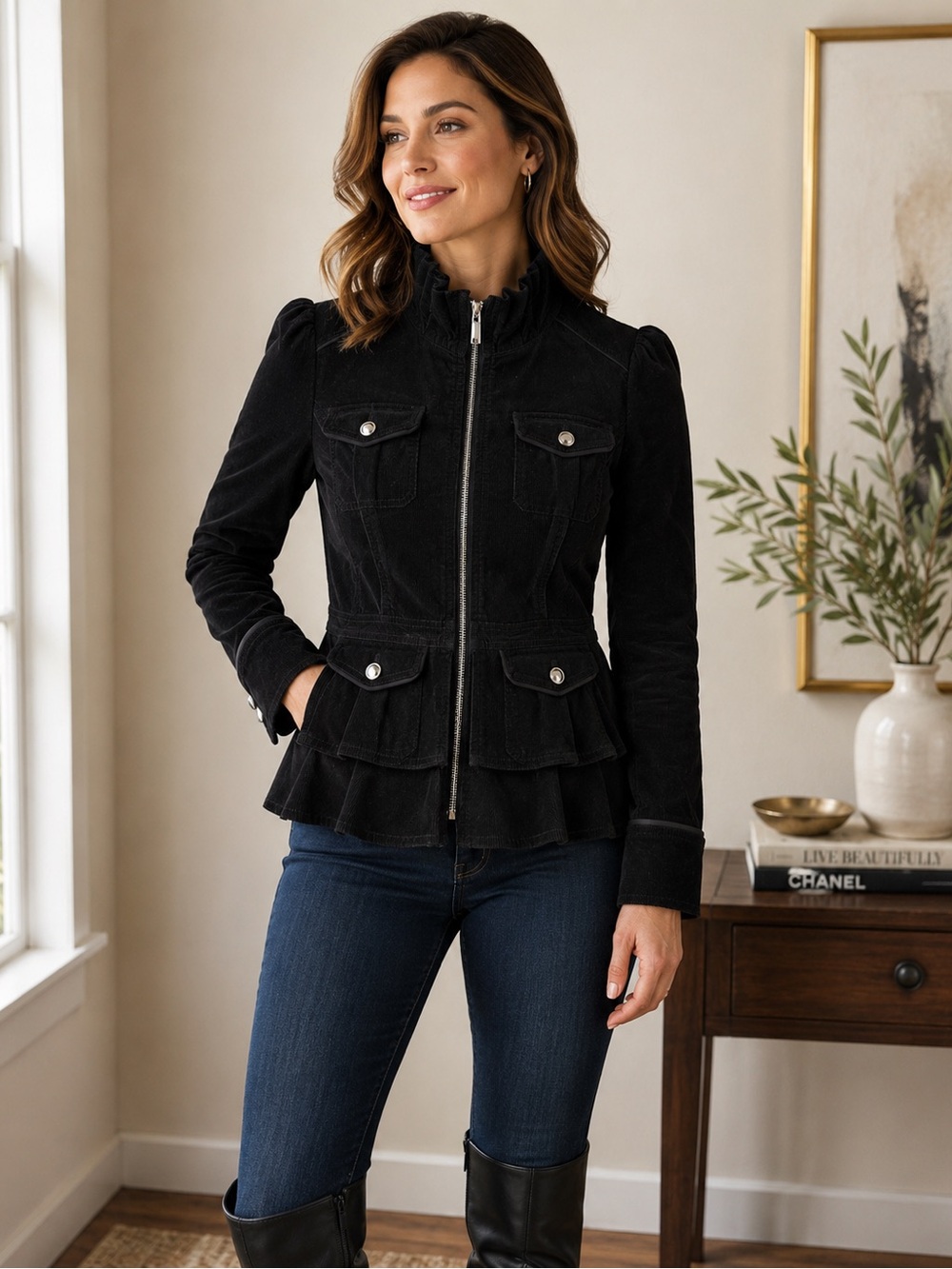 WHBM Womens 8 Black Corduroy Jacket Ruffle Peplum Utility Zip Coat Feminine